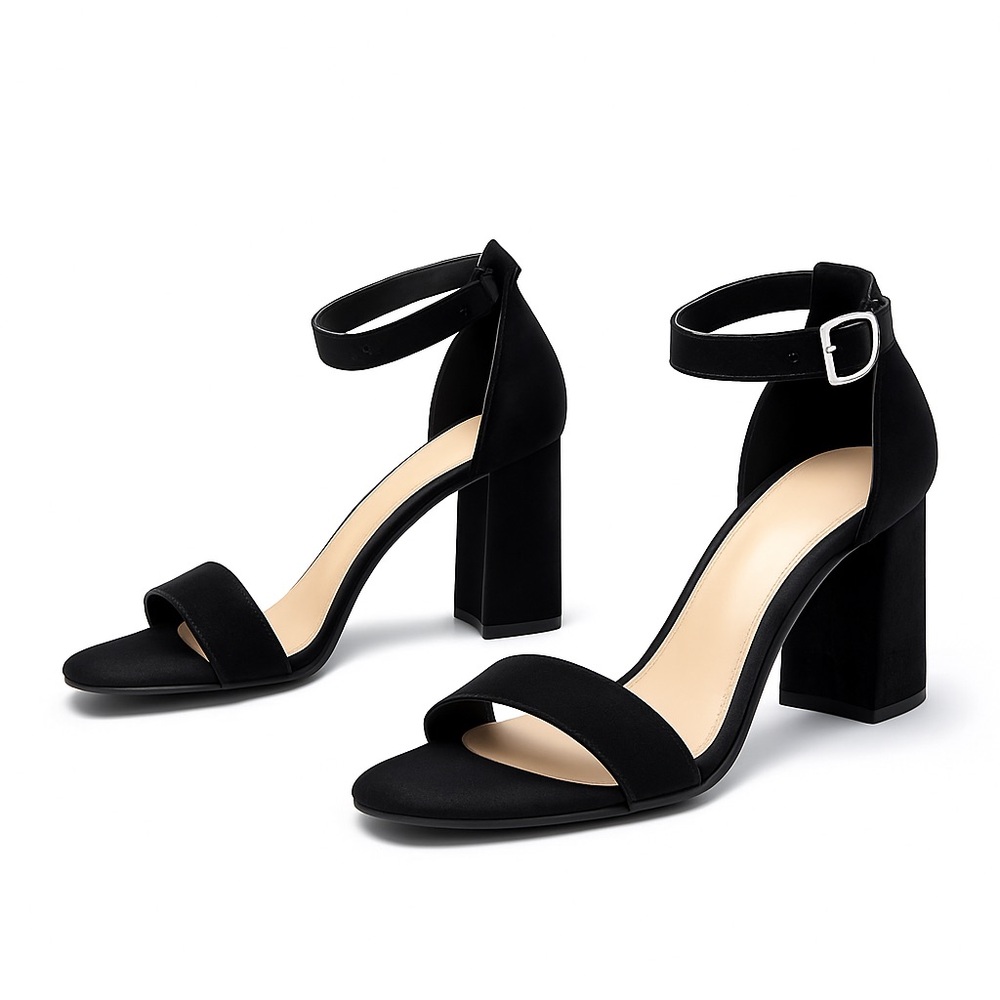 BAMBOO Chunky High Heel Ankle Strap Sandals black suede women's size 8